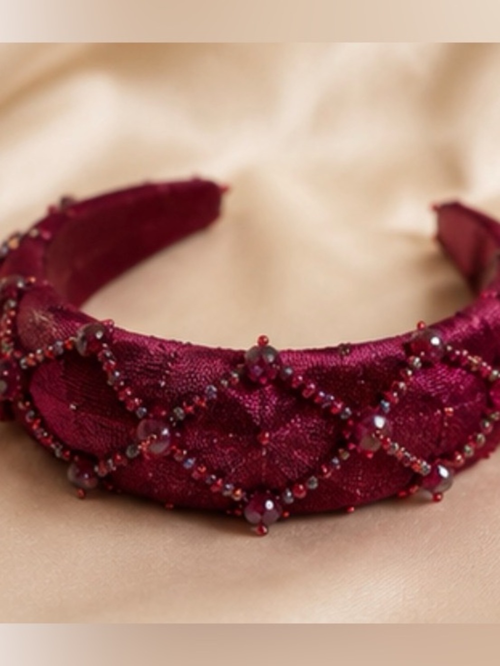 Embellished Burgundy Padded Headband with Bead Accents